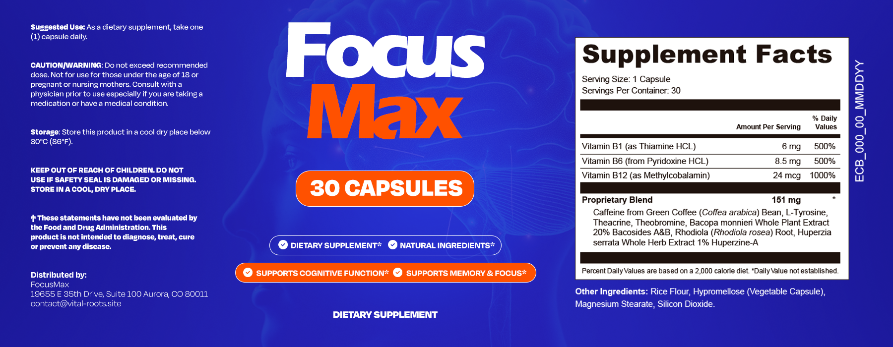 FocusMax Supplement Facts label showing all ingredients and doses
